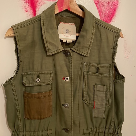 HEI HEI Anthropologie Upcycled Patchwork Embroidered Utility Military Vest Small - Picture 8 of 11